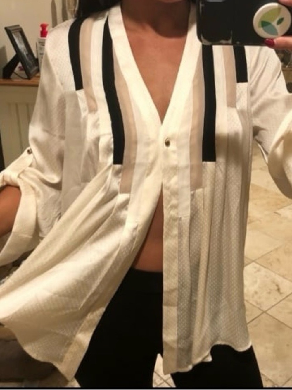Button-Front Cream Shirt with Black Stripe Detail